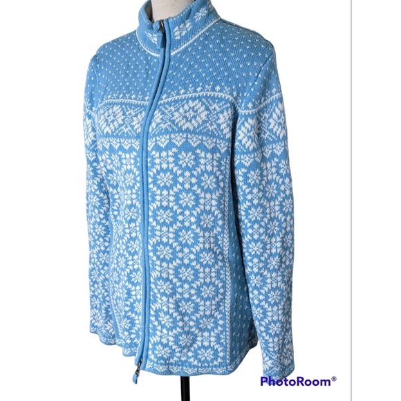 L.L Bean Snowflake Full Zip Heavyweight Cotton Sweater, Large, Blue White - Picture 2 of 5